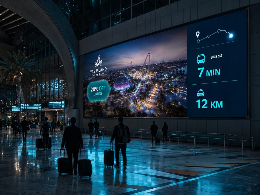 Airport terminal display showing tourism promotion with directions and travel times