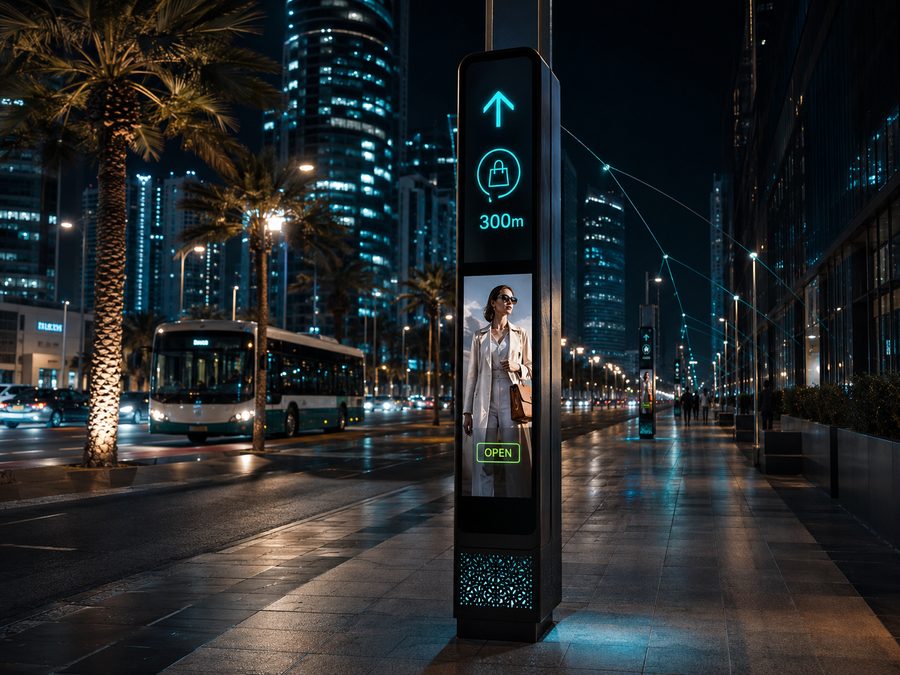 Digital street pole showing wayfinding with distance and a local shop advertisement