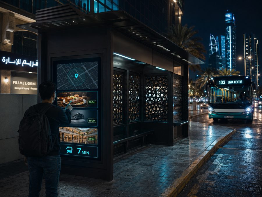 Interactive bus shelter screen showing nearby shops with distances and live bus arrival